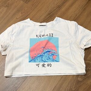 White Graphic Crop Top with Wave Design